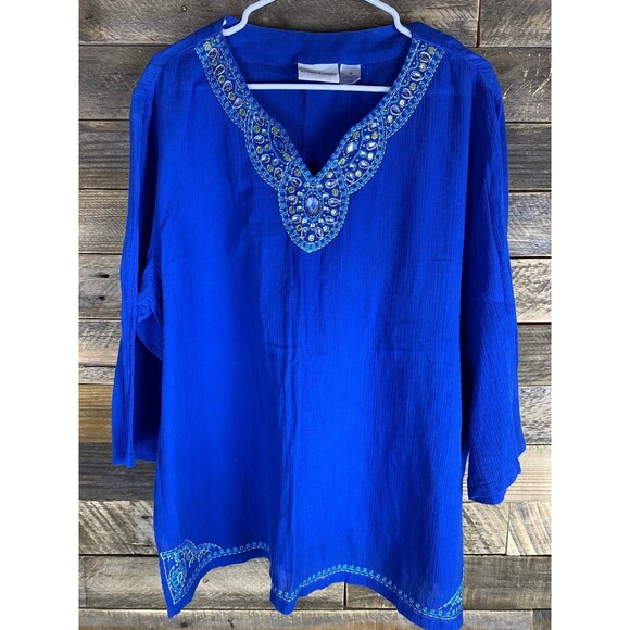 Alfred Dunner Women's Plus Sz 18 Blue Cotton Embroidered Embellished V-Neck Top - Picture 1 of 12